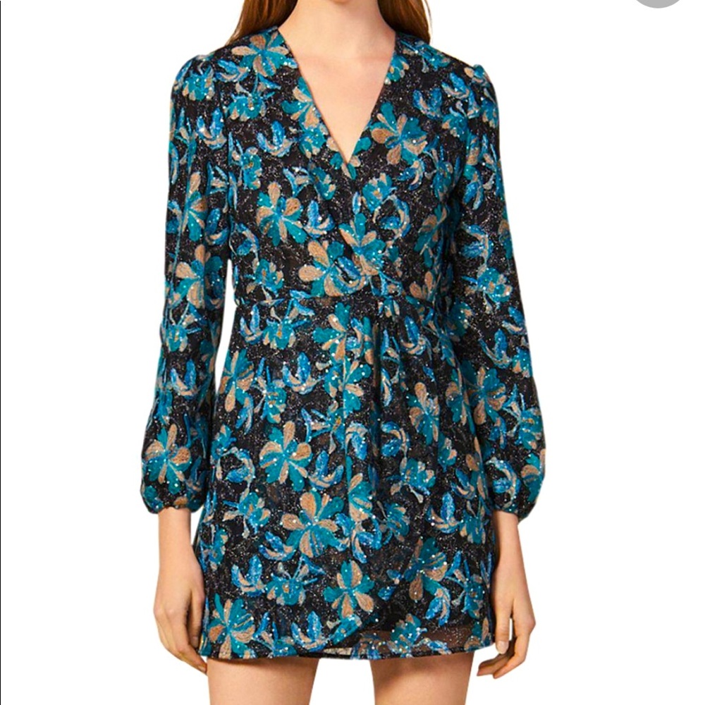 Sandro Blue Floral Wrap Mini Dress with Gold Accents 42 10